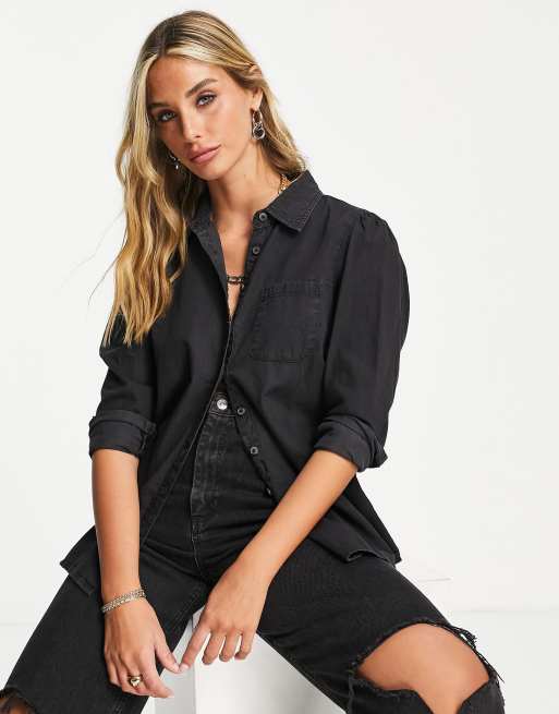 ASOS DESIGN - Overhemd van zachte denim met pofmouwen en zwarte wassing