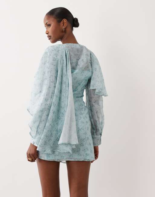ASOS DESIGN - Overhemdjurk met gedrapeerde sjaal in blauwe bloemenprint, 4 van 4