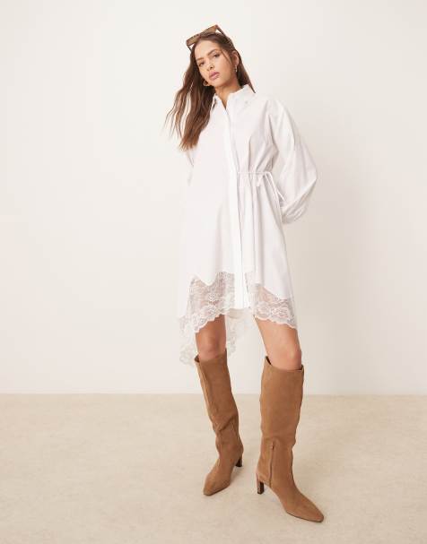 ASOS DESIGN - Overhemdjurk met striksluiting en asymmetrische zoom van kant in wit - view 1