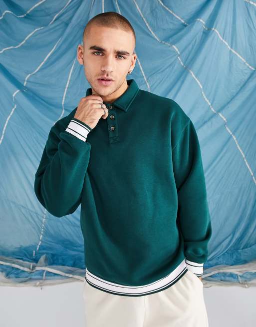 ASOS DESIGN overisized sweatshirt with button neck polo in green