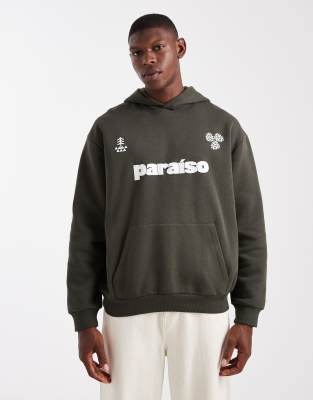 ASOS DESIGN overized hoodie with sports print in green DGREEN