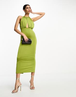 Shop Asos Design Overlay Halter Slinky Midi Dress In Olive Green