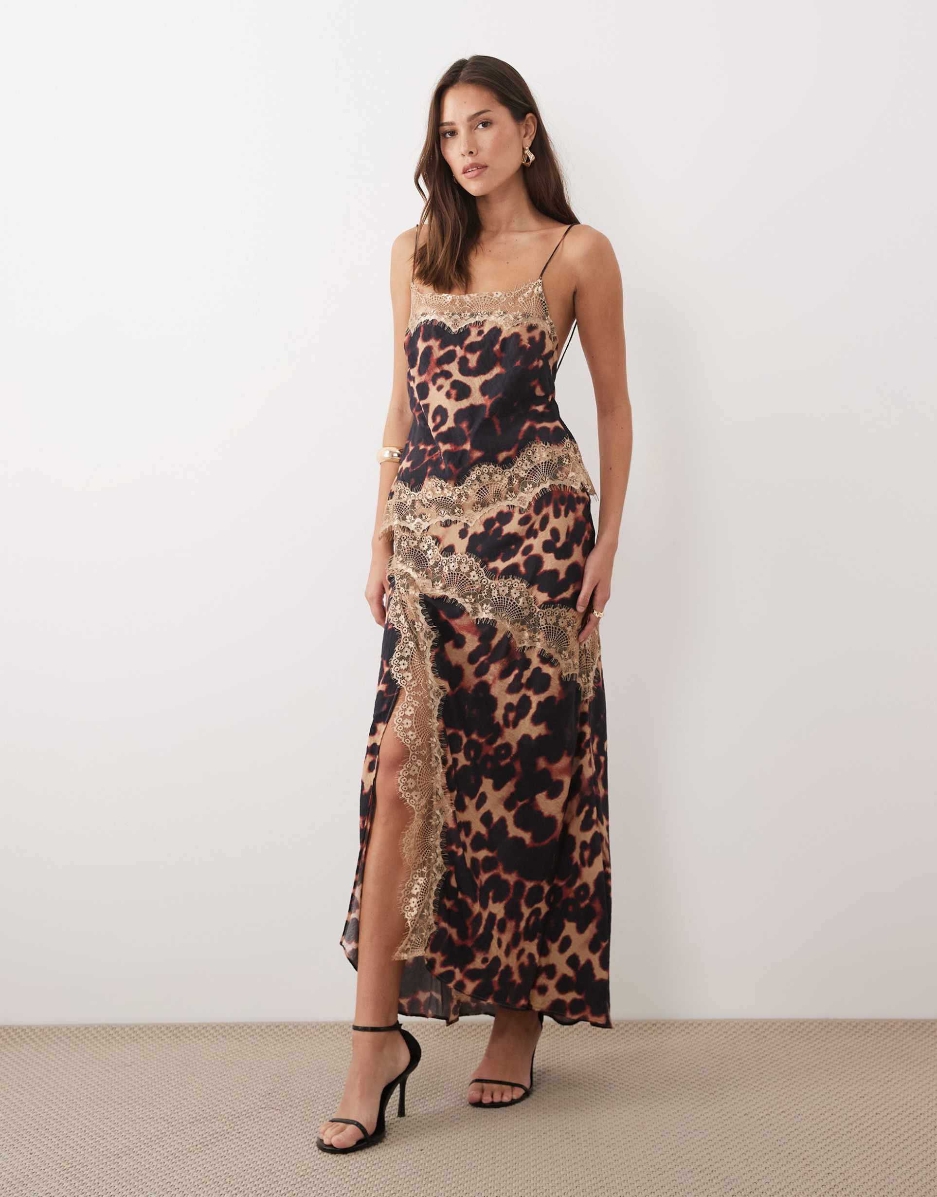 asos design overlay lace trim midaxi dress with back detail in leopard print