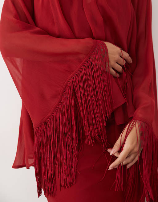 ASOS DESIGN overlay layered fringe hem sleeve maxi dress in red, 3 of 4