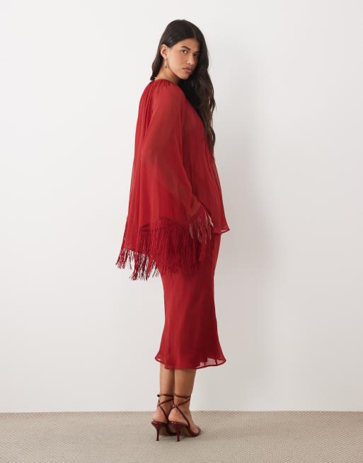 ASOS DESIGN overlay layered fringe hem sleeve maxi dress in red, 4 of 4