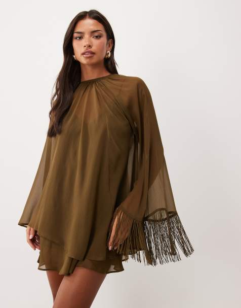 ASOS DESIGN overlay layered fringe hem sleeve mini dress in khaki - view 1