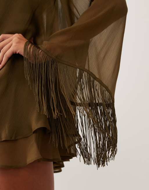 ASOS DESIGN overlay layered fringe hem sleeve mini dress in khaki, 3 of 4