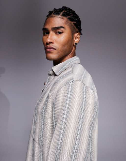 ASOS DESIGN overshirt basket weave shirt in green stripe, 4 of 5