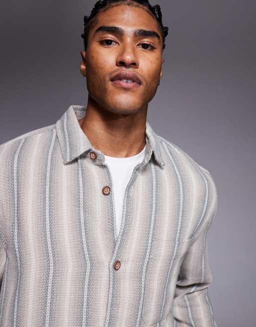 ASOS DESIGN overshirt basket weave shirt in green stripe