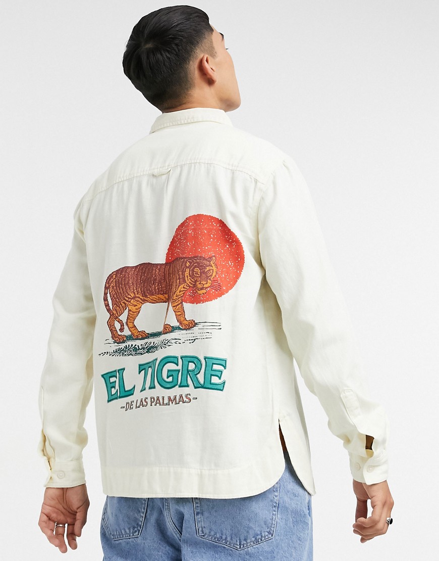 ASOS DESIGN – Overshirt i twill med tigertryck på ryggen-Beige