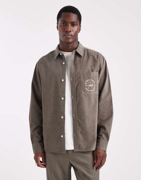 ASOS DESIGN overshirt in baby cord with chest embroidery in khaki - view 1