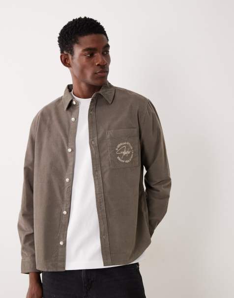 ASOS DESIGN overshirt in baby cord with chest embroidery in khaki