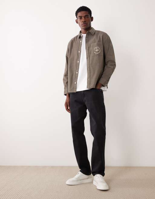 ASOS DESIGN overshirt in baby cord with chest embroidery in khaki, 2 of 5