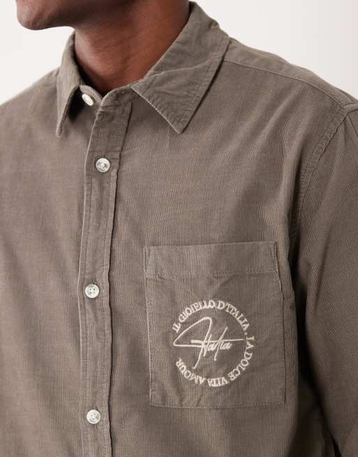 ASOS DESIGN overshirt in baby cord with chest embroidery in khaki, 3 of 5