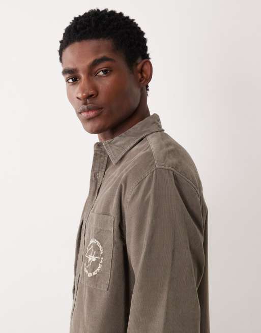 ASOS DESIGN overshirt in baby cord with chest embroidery in khaki, 4 of 5