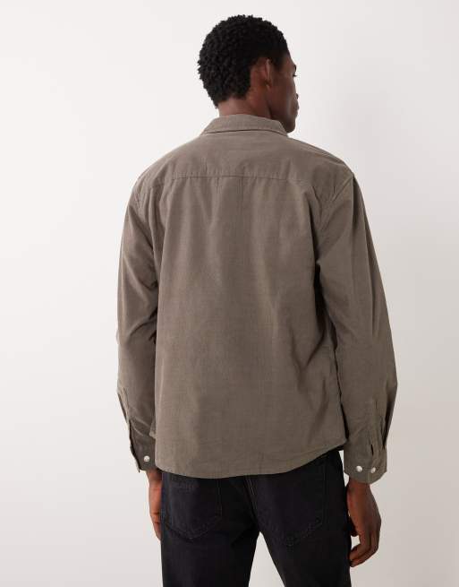 ASOS DESIGN overshirt in baby cord with chest embroidery in khaki, 5 of 5