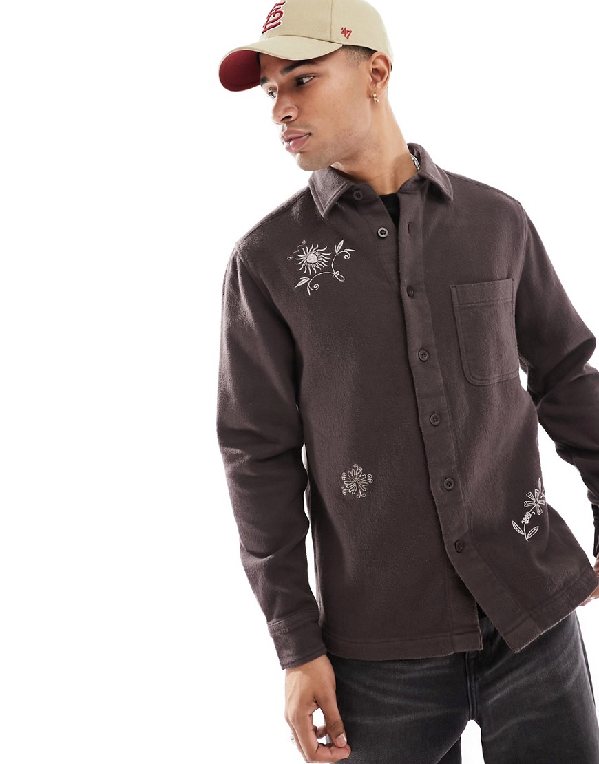 Asos Design Overshirt In Brown With Floral Embroidery
