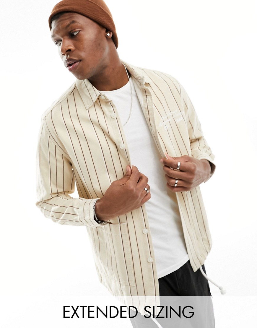 ASOS DESIGN overshirt in canvas stripe print with embroidery in beige-Neutral