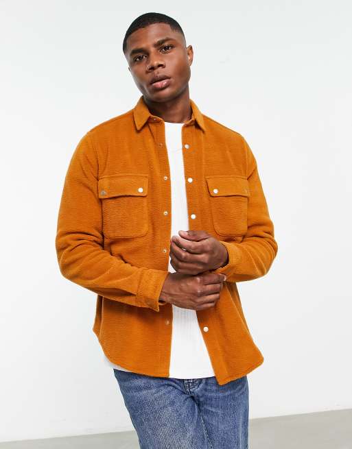 ASOS DESIGN overshirt in fleece with double pockets in brown | ASOS