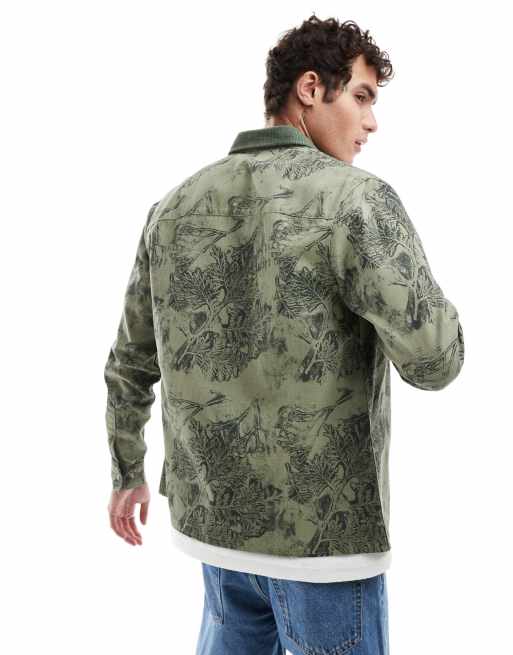 ASOS DESIGN overshirt in floral print with corduroy collar in green  , 2 of 4