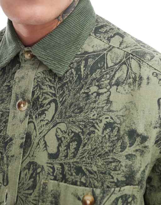 ASOS DESIGN overshirt in floral print with corduroy collar in green  , 4 of 4