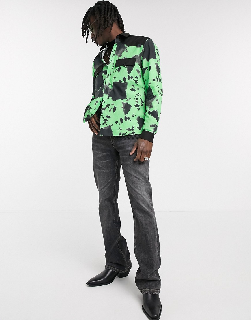 ASOS DESIGN overshirt in green cow print with faux suede panel details