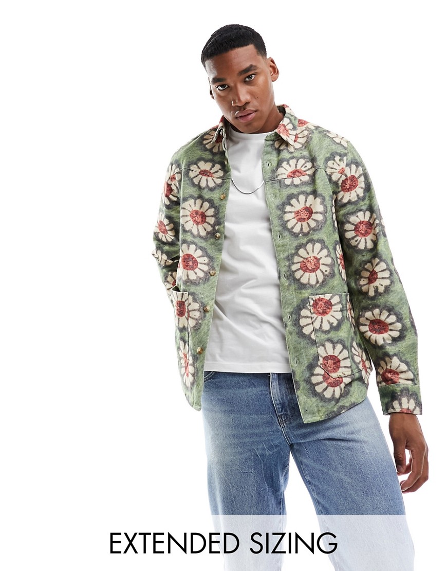 ASOS DESIGN overshirt in rigid twill in floral print with a vintage style wash-Green