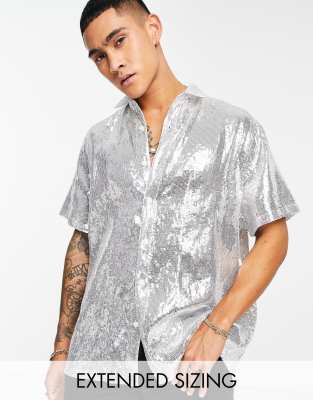 ASOS DESIGN overshirt in silver sequins with revere collar