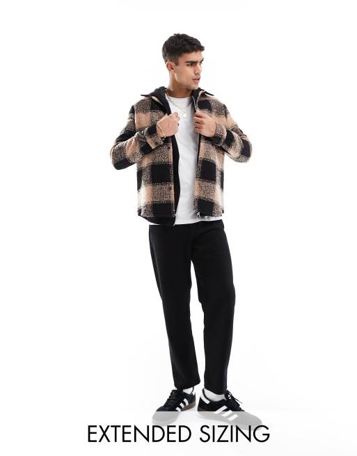 ASOS DESIGN overshirt in textured boucle wool mix buffalo plaid with borg collar