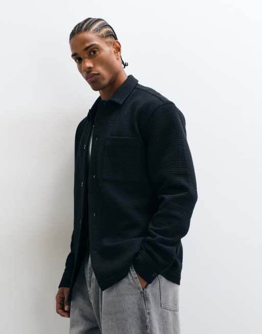 ASOS DESIGN overshirt in wafelstructuur in zwart, 4 van 10