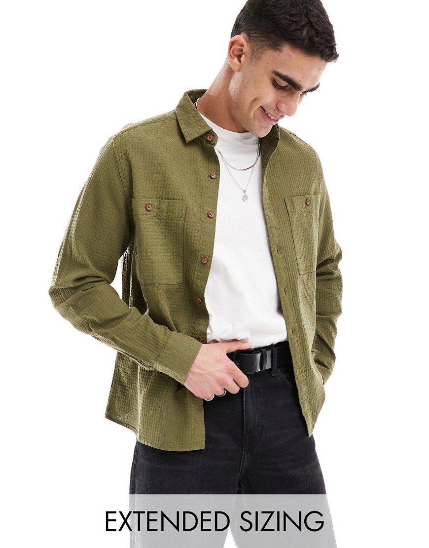 Asos Design Overshirt In Waffle With Patch Pocket In Khaki-green