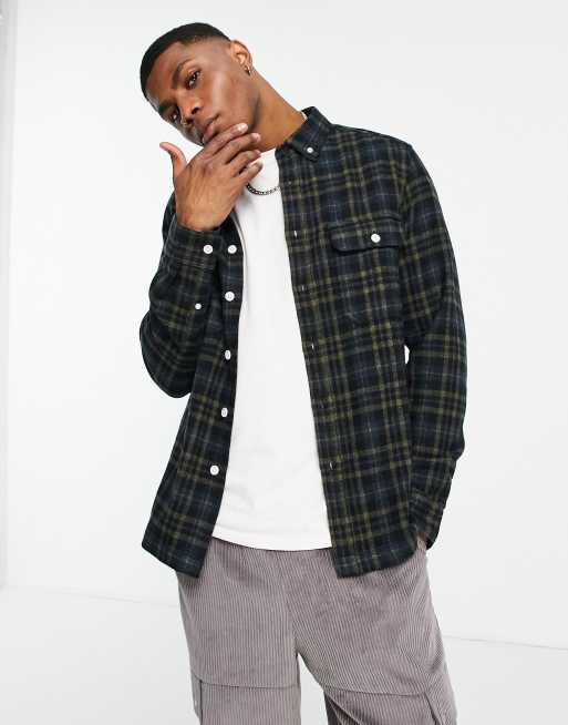 ASOS DESIGN overshirt in wool mix navy blue check | ASOS