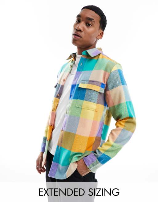 ASOS DESIGN overshirt in wool mix rainbow check | ASOS