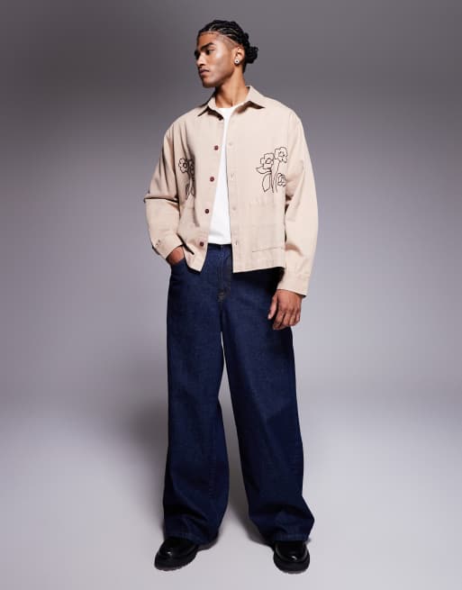 ASOS DESIGN - Overshirt met verspreide borduursels en twee zakken in stone, 2 van 5