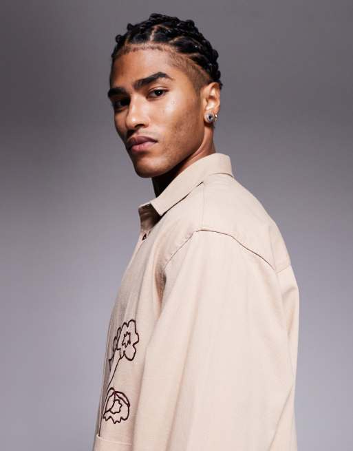 ASOS DESIGN - Overshirt met verspreide borduursels en twee zakken in stone, 4 van 5