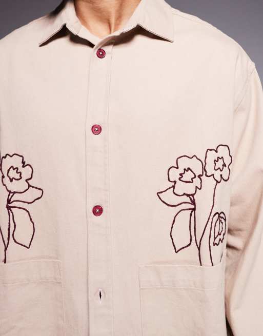 ASOS DESIGN - Overshirt met verspreide borduursels en twee zakken in stone, 5 van 5