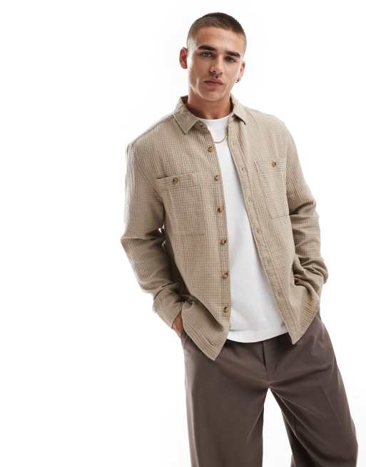 ASOS DESIGN - Overshirt met wafelstructuur in beige