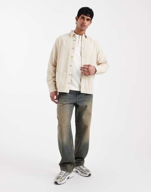 ASOS DESIGN - Overshirt met workwear-badge in beige, 2 van 5