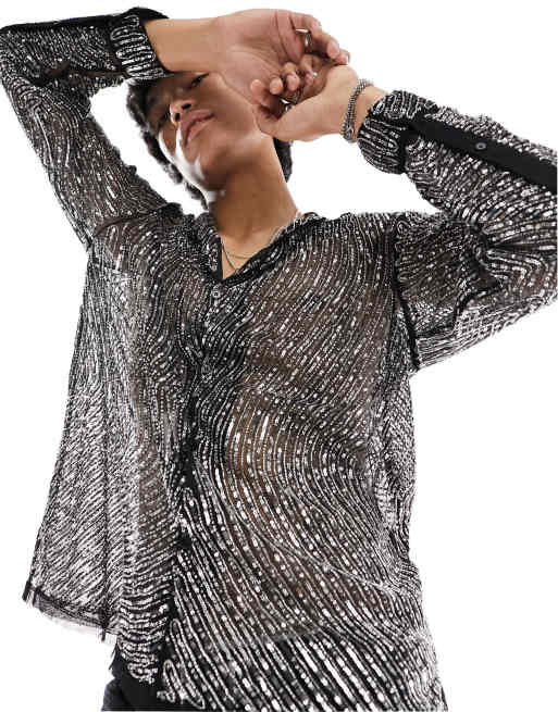 ASOS DESIGN overshirt with all over hand embellishment in swirl print in black  