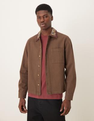 ASOS DESIGN overshirt with collar embroidery in brown | ASOS