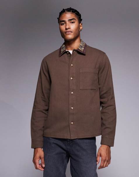 ASOS DESIGN overshirt with collar embroidery in brown - view 1