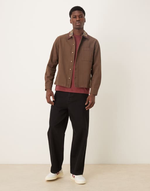 ASOS DESIGN overshirt with collar embroidery in brown, 2 of 5