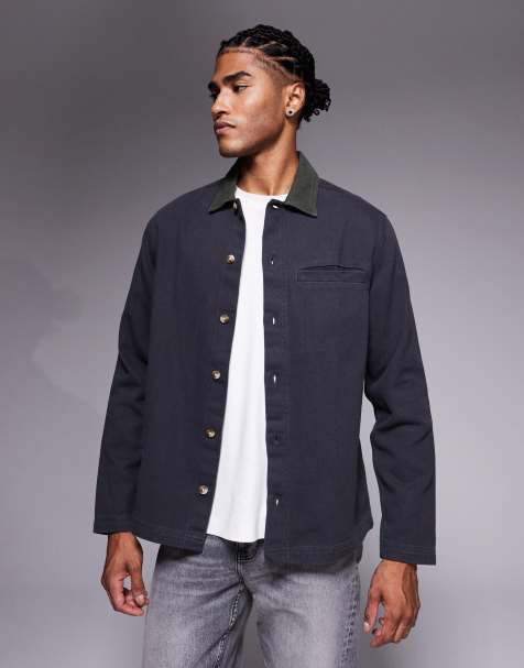 ASOS DESIGN overshirt with contrast collar in black - view 1