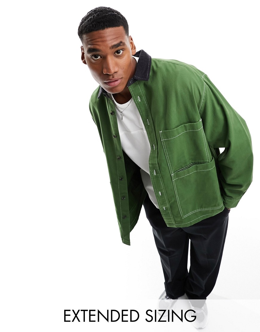 Asos Design Overshirt With Cord Collar In Green