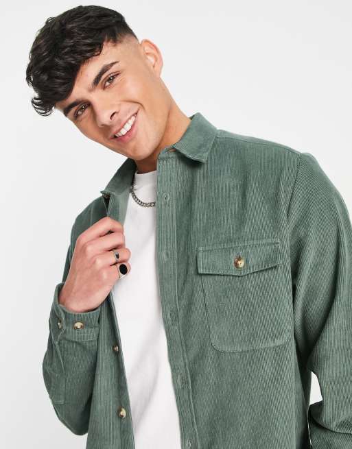 ASOS DESIGN overshirt with double pockets in green cord