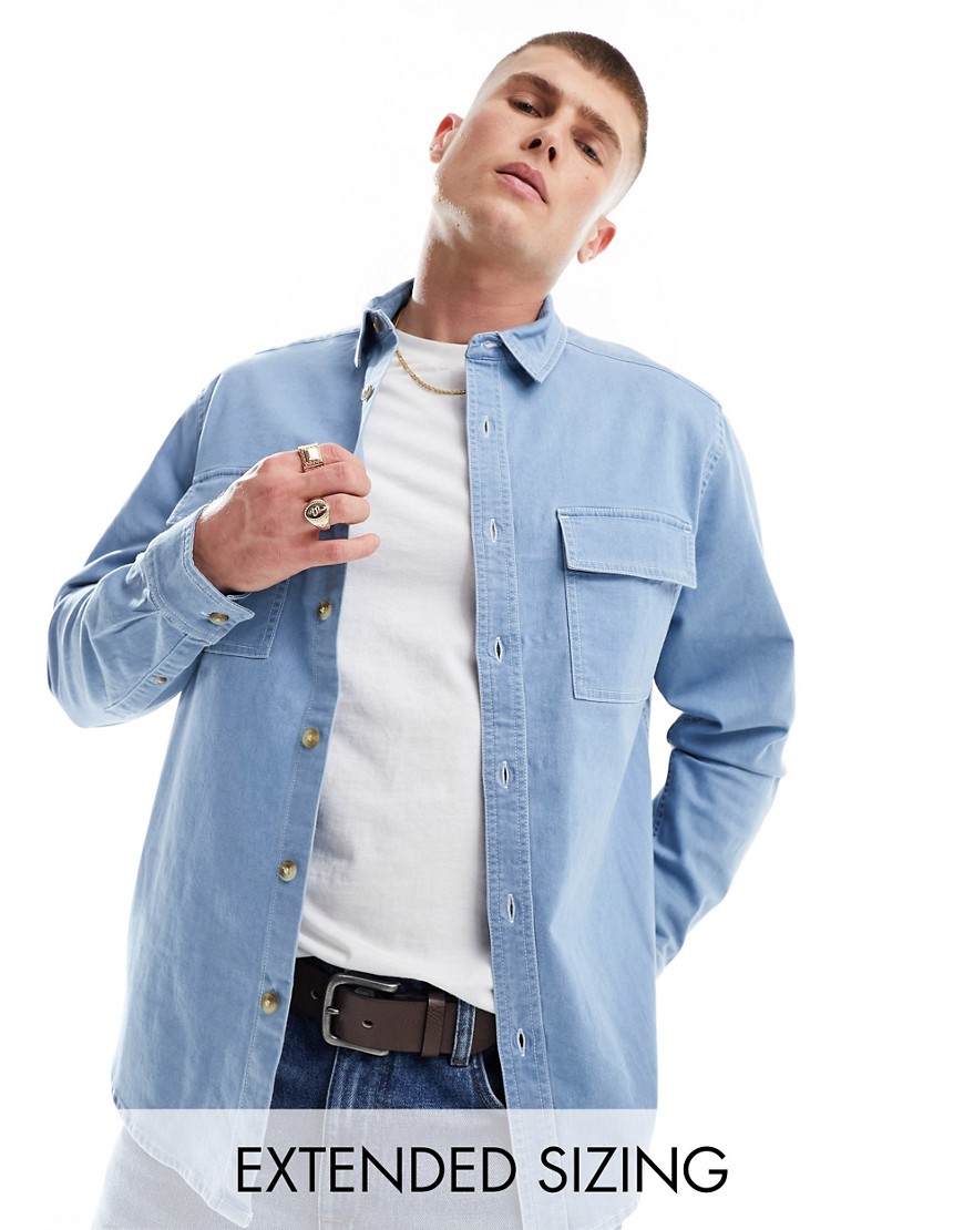 ASOS DESIGN overshirt with double pockets in light wash denim-Blue