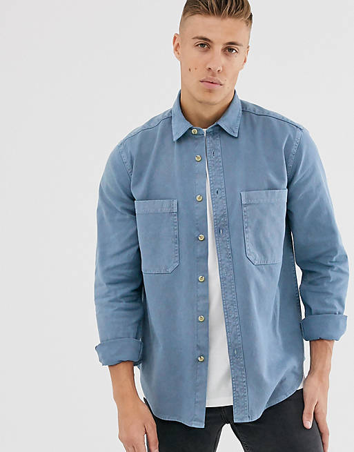 ASOS DESIGN overshirt with double pockets in washed blue | ASOS