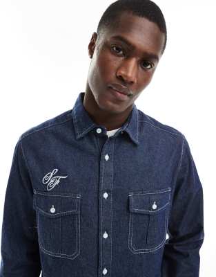 Asos Design Overshirt With Embroidery In Blue