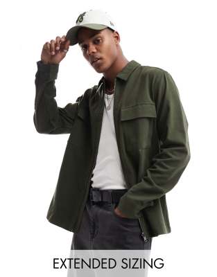 Asos Design Overshirt With Front Zip In Bottle Green