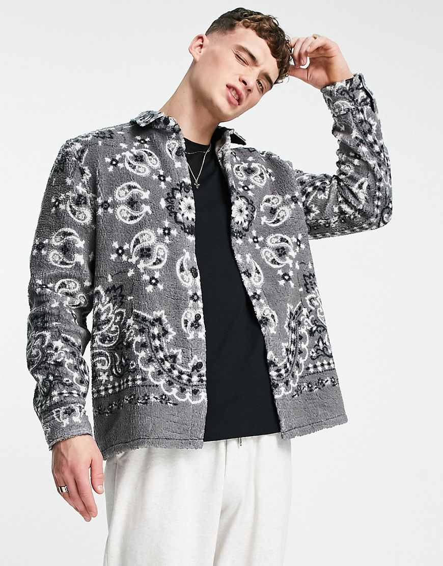 Asos Design Overshirt With Placement Paisley Bandana Print In Fleece-gray | ModeSens Asos Design Overshirt With Placement Paisley Bandana Print In Fleece-gray | ModeSens